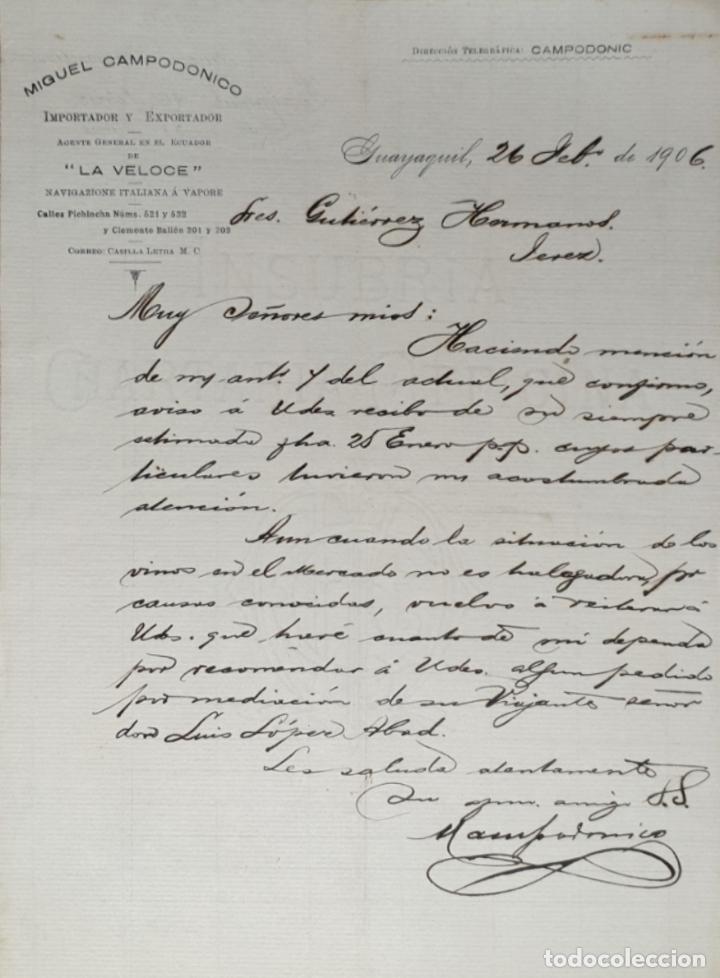 Lettres commerciales: Carta comercial. Miguel Campod&oacute;nico. La Proveedora. Almac&eacute;n de Abarrotes. Guayaquil. 1906