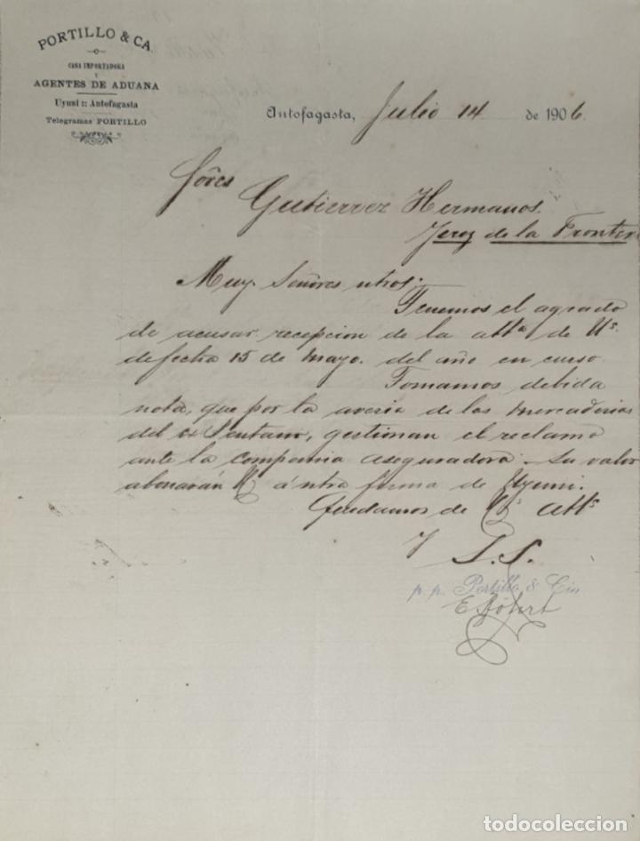 Lettres commerciales: Carta comercial. Portillo & C&ordf;. Agente de aduana. Antofagasta 1906