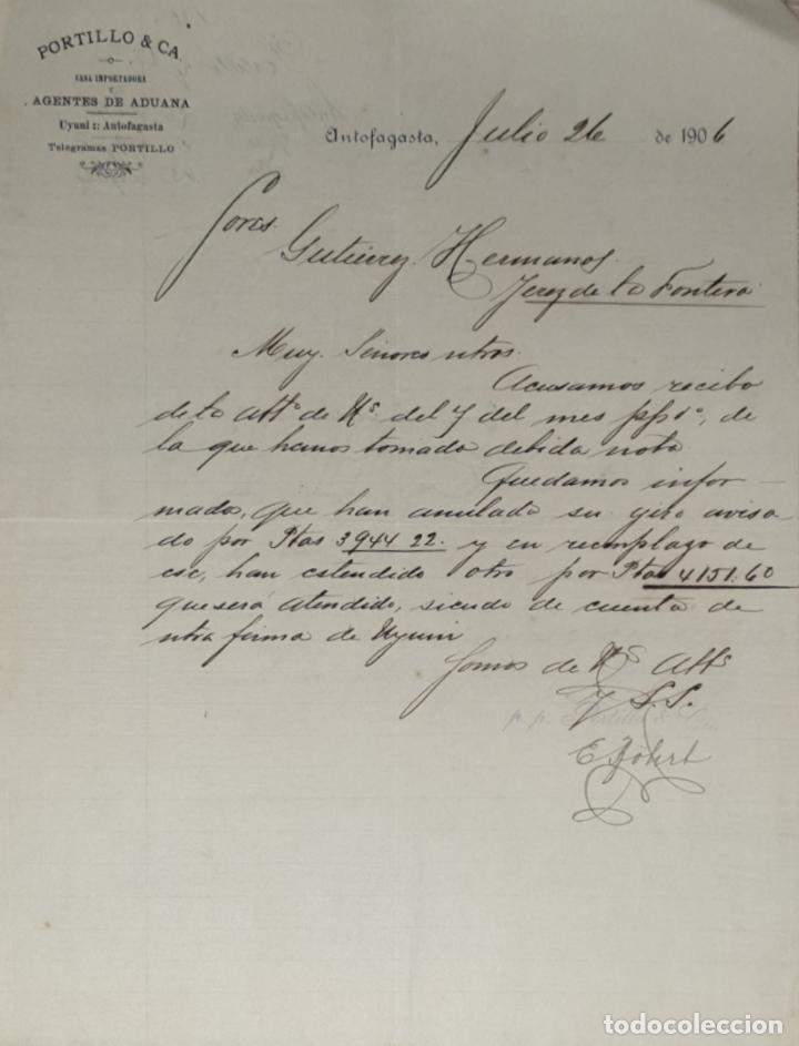 Lettres commerciales: Carta comercial. Portillo & C&ordf;. Agente de aduana. Antofagasta 1906
