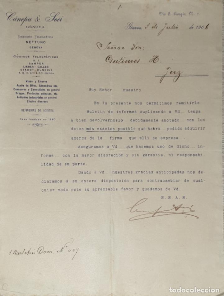 Lettres commerciales: Carta comercial. C&aacute;nepa & Soci. Comestibles en general. G&eacute;nova 1906
