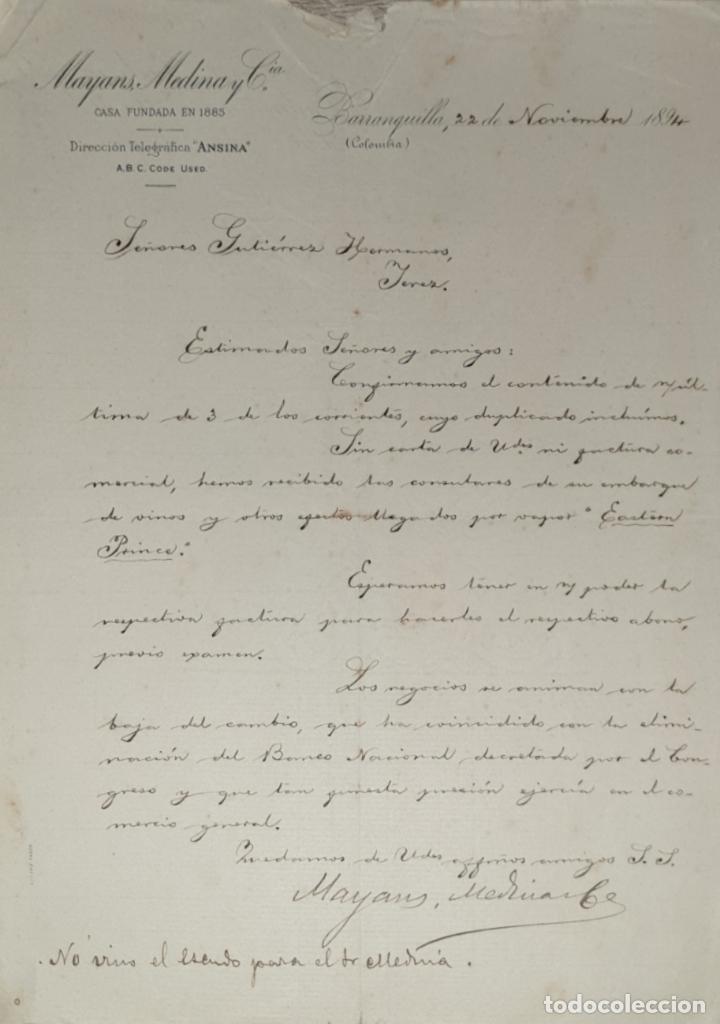Lettres commerciales: Carta comercial. Mayans Medina y C&ordf;. Barranquilla. Colombia 1894