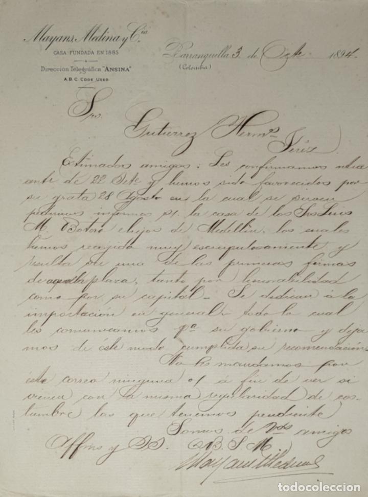 Lettres commerciales: Carta comercial. Mayans Medina y C&ordf;. Barranquilla. Colombia 1894