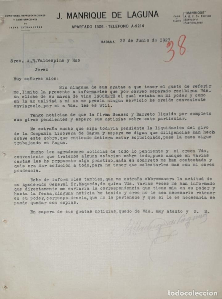 Lettres commerciales: Carta comercial. J.Manrique de Laguna. Comisiones, Representaciones de casas extranjeras.Habana 1927