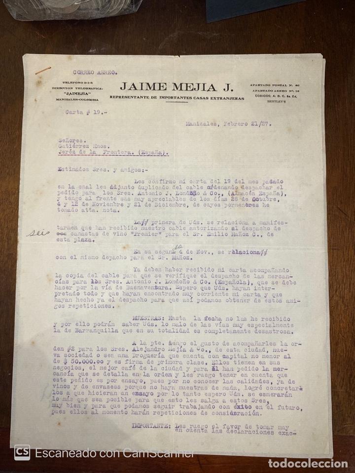 Lettres commerciales: CARTA COMERCIAL. JAIME MEJIA J. MANIZALES-COLOMBIA, 1927. DIRIGIDA A GUTIERREZ HNOS., JEREZ.