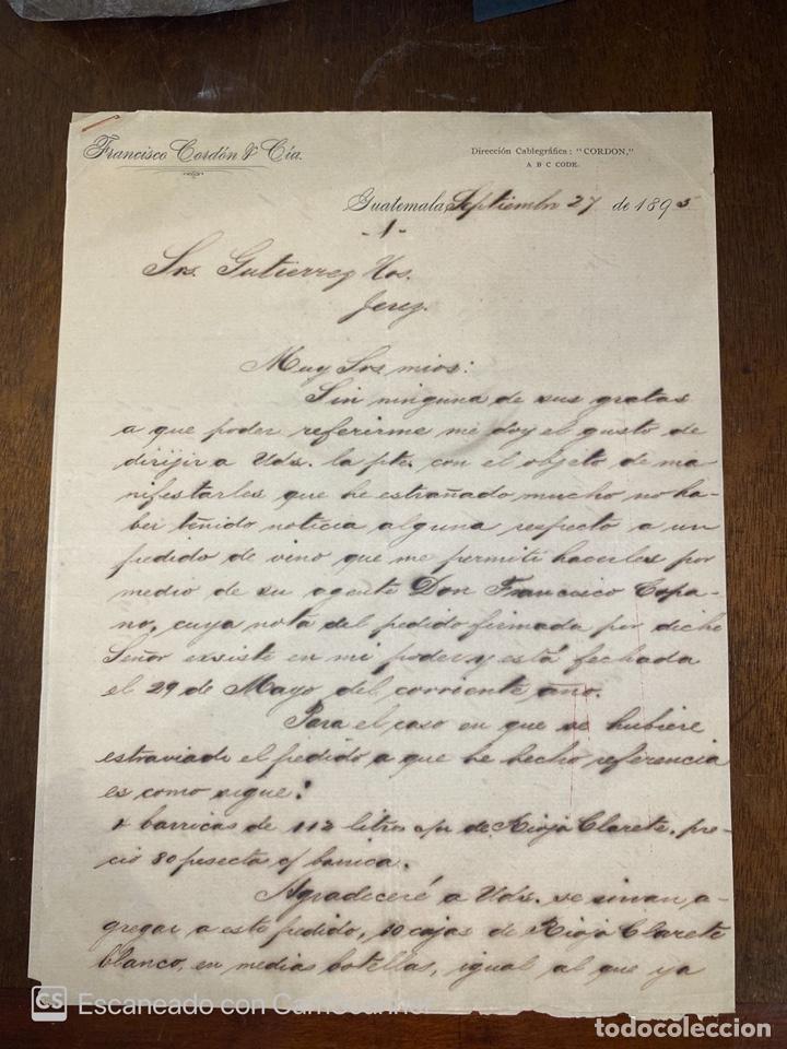 Commercial Letters: CARTA COMERCIAL. FRANCISCO CORDON Y C&Iacute;A. GUATEMALA, 1895. DIRIGIDA A GUTIERREZ HNOS., JEREZ.