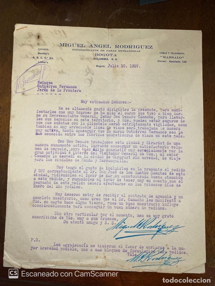 Lettres commerciales: CARTA COMERCIAL. MIGUEL ANGEL RODRIGUEZ. BOGOT&Aacute;-COLOMBIA, 1927. DIRIGIDA A GUTIERREZ HNOS., JEREZ