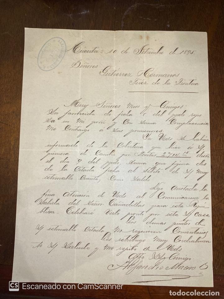Cartas comerciales: CARTA COMERCIAL. ALEJANDRO MORENO B. C&Uacute;CUTA-COLOMBIA, 1895. DIRIGIDA A GUTIERREZ HNOS., JEREZ