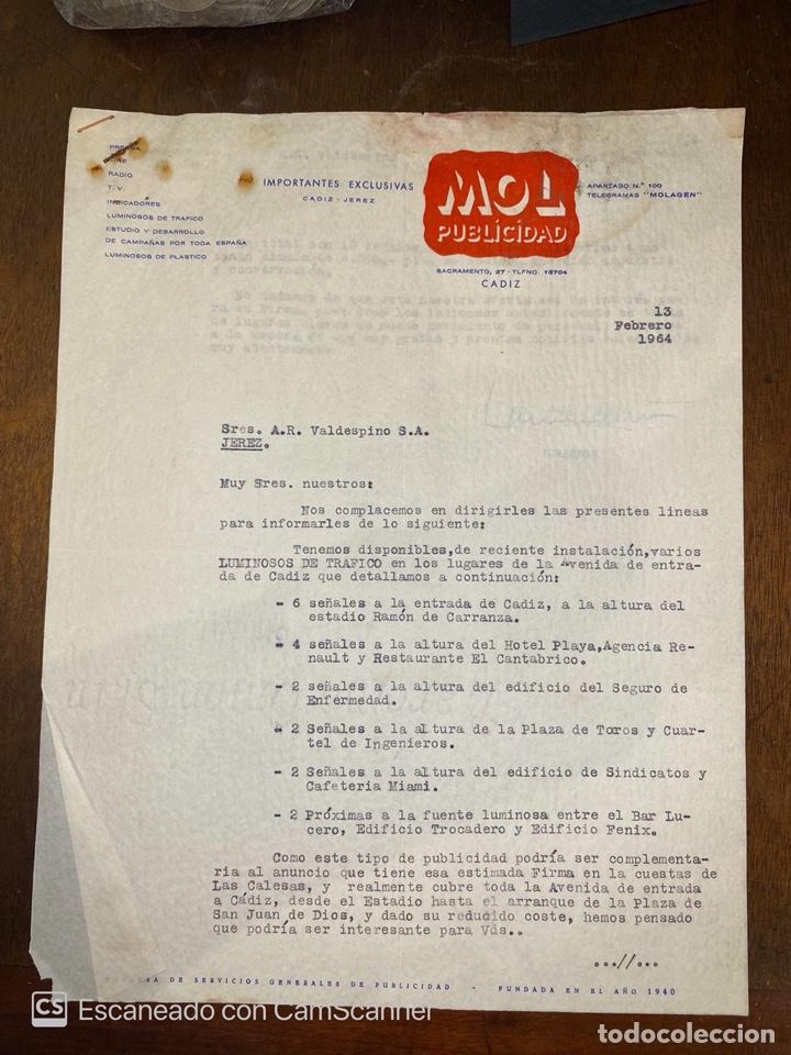 Lettres commerciales: CARTA COMERCIAL. MOL PUBLICIDAD. CADIZ, 1964. DIRIGIDA A A.R. VALDESPINO, JEREZ.