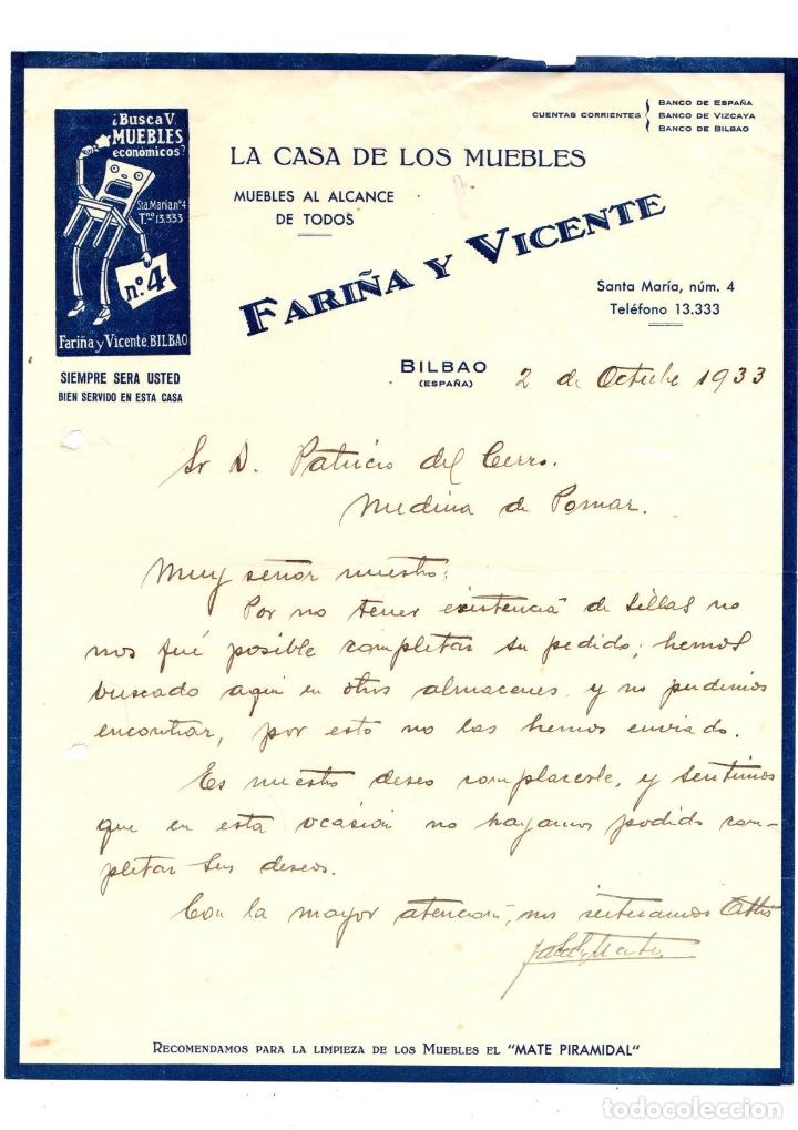 Lettres commerciales: CARTA COMERCIAL LA CASA DE LOS MUEBLES FARI&Ntilde;A Y VICENTE. BILBAO, A&Ntilde;O 1933