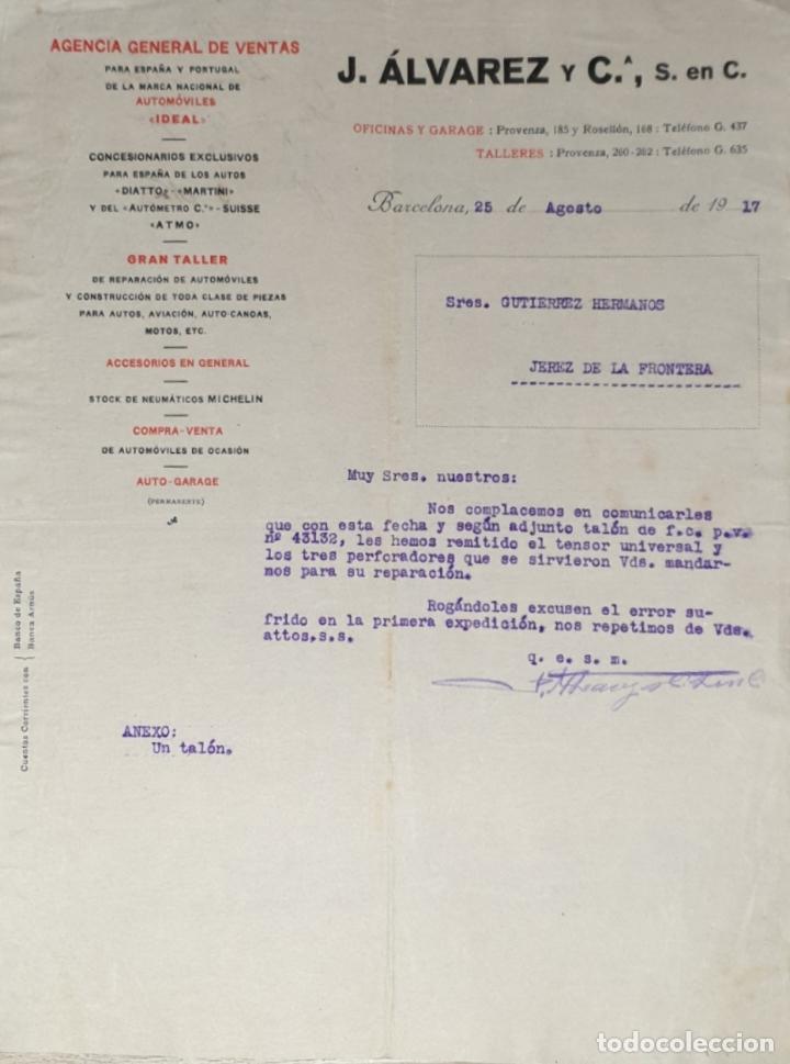 Lettres commerciales: Carta comercial. J. Alvarez y C&ordf;, S. en C. Agencia General de ventas. Taller. Barcelona 1917