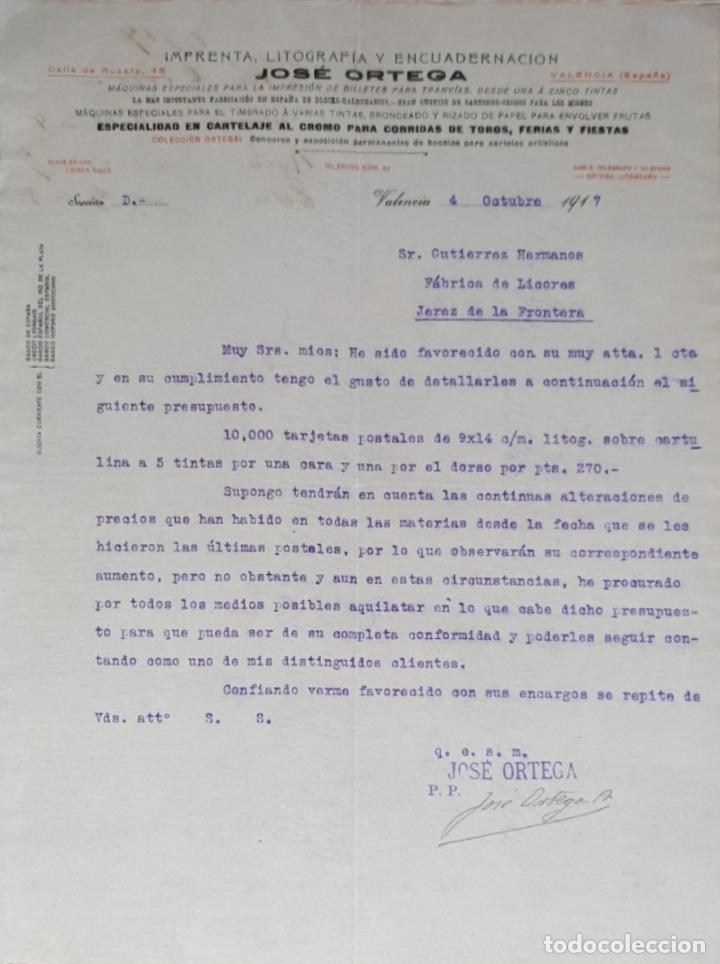 Lettres commerciales: Carta comercial. Jos&eacute; Ortega. Imprenta, Litograf&iacute;a y Encuadernaci&oacute;n. Valencia 1917