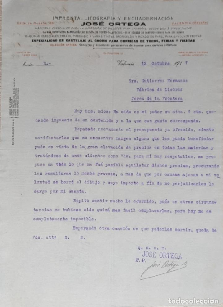 Lettres commerciales: Carta comercial. Jos&eacute; Ortega. Imprenta, Litograf&iacute;a y Encuadernaci&oacute;n. Valencia 1917