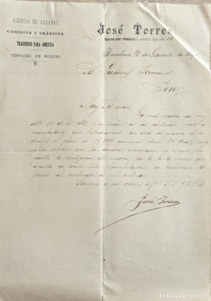 Lettres commerciales: Carta comercial. Jos&eacute; Torres. Agencia de Aduanas. Barcelona 1891