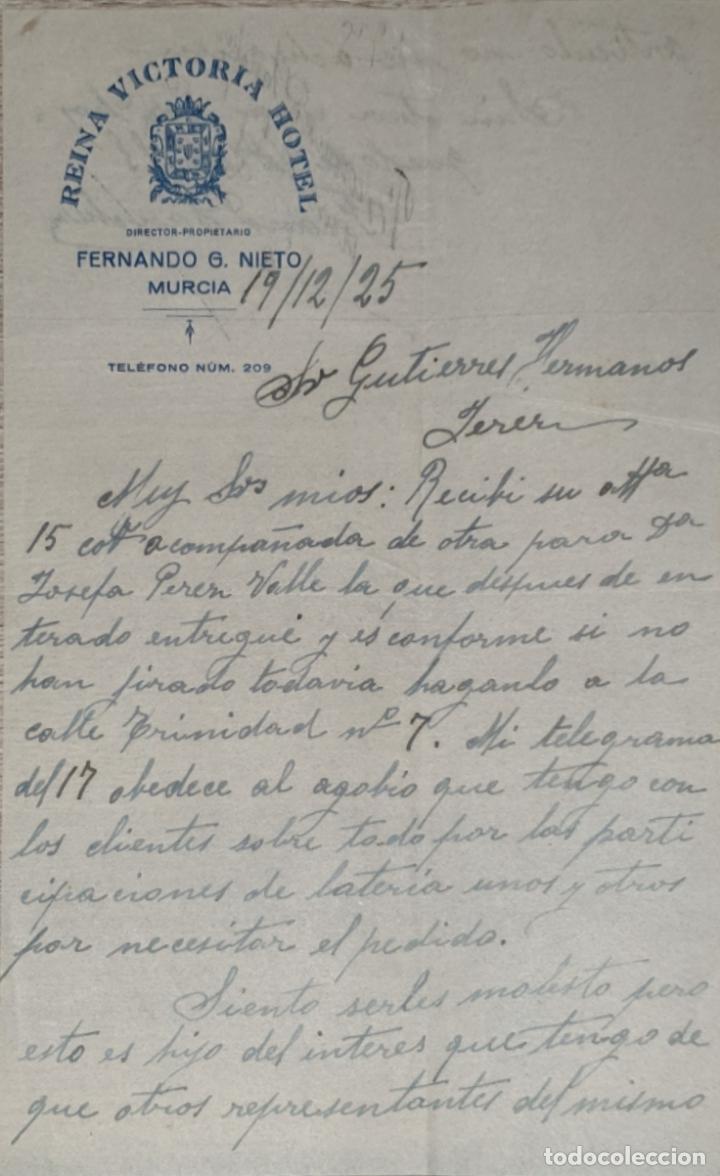 Lettres commerciales: Carta comercial. Fernando G. Nieto. Director-Propietario de -reina Victoria Hotel. Murcia 1925