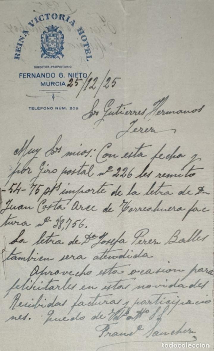 Lettres commerciales: Carta comercial. Fernando G. Nieto. Director-Propietario de -reina Victoria Hotel. Murcia 1925