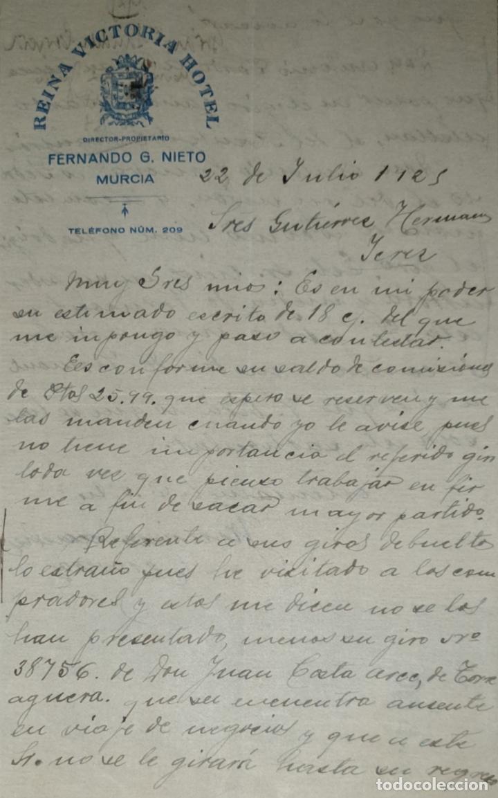 Lettres commerciales: Carta comercial. Fernando G. Nieto. Director-Propietario de -reina Victoria Hotel. Murcia 1925