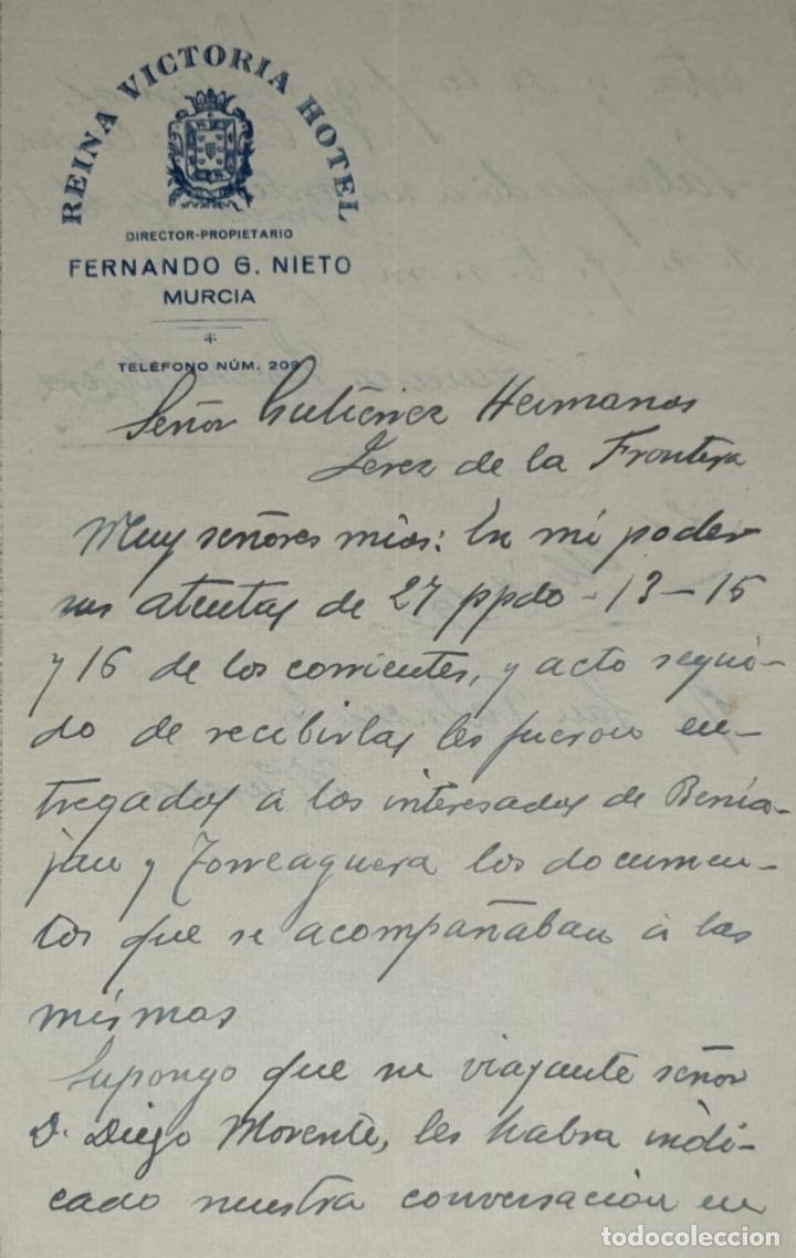 Lettres commerciales: Carta comercial. Fernando G. Nieto. Director-Propietario de -reina Victoria Hotel. Murcia 1925