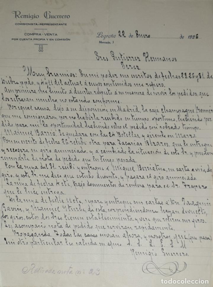 Lettres commerciales: Carta comercial. Remigio Guerrero. Comisionista-Representante. Logro&ntilde;o 1926