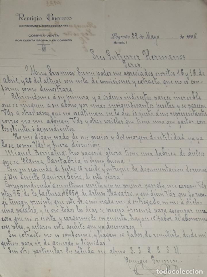 Lettres commerciales: Carta comercial. Remigio Guerrero. Comisionista-Representante. Logro&ntilde;o 1926