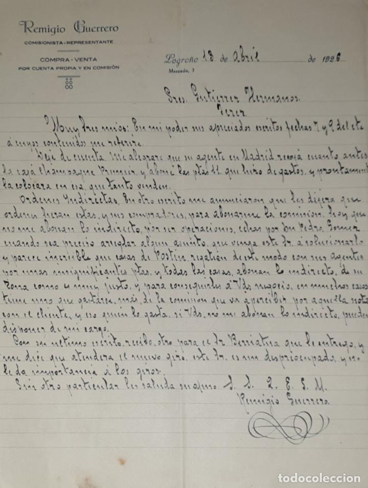 Lettres commerciales: Carta comercial. Remigio Guerrero. Comisionista-Representante. Logro&ntilde;o 1926