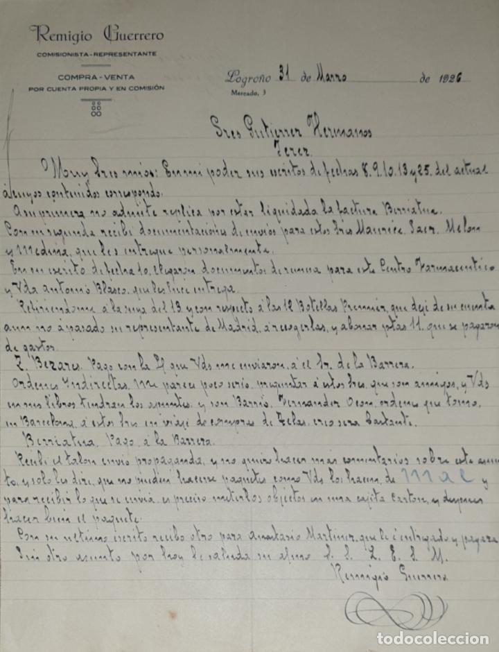 Lettres commerciales: Carta comercial. Remigio Guerrero. Comisionista-Representante. Logro&ntilde;o 1926