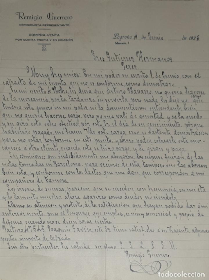 Lettres commerciales: Carta comercial. Remigio Guerrero. Comisionista-Representante. Logro&ntilde;o 1926