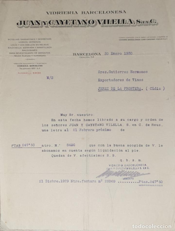 Cartas comerciales: Carta comercial. Juan y Cayetano Vilella, S. en C. Vidrier&iacute;a Barcelonesa. Barcelona 1930
