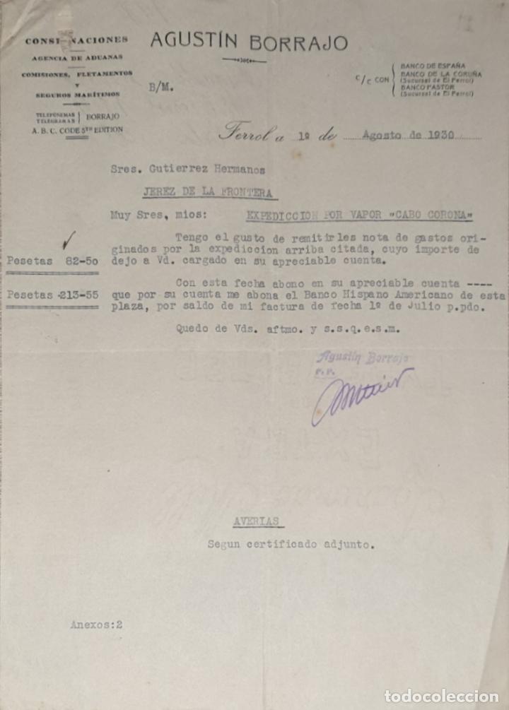 Cartas comerciales: Carta comercial. Agustin Borrajo. Consignaciones. Agencia de Aduanas. Ferrol 1930