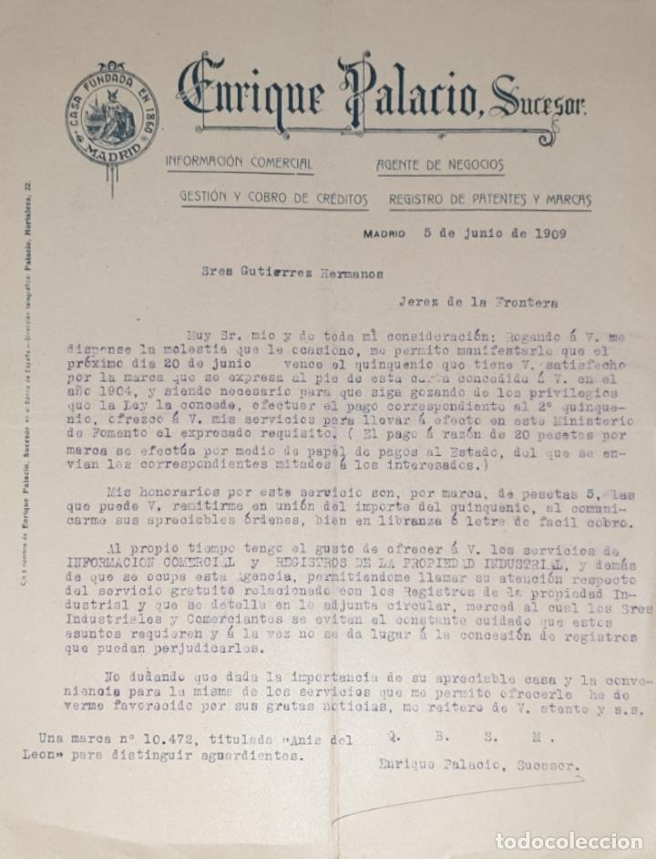 Cartas comerciales: carta comercial. Enrique Palacio, Sucesor. Agente de negocios. Madrid 1909