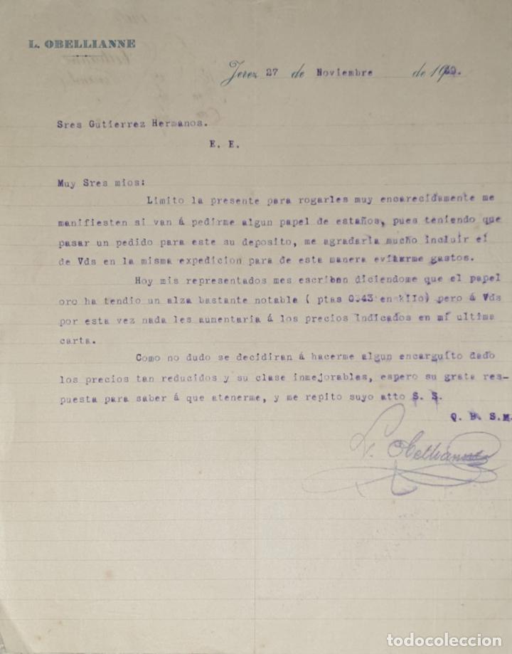Cartas comerciales: Carta comercial. L. Obellianne. Jerez de la Frontera. 1909