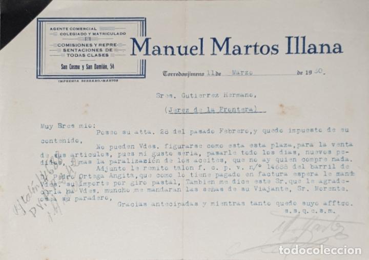 Cartas comerciales: carta comercial. Manuel Martos Illana. Agente Comercial. Torredonjimeno 1930