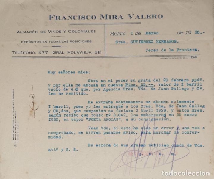 Cartas comerciales: Carta comercial. Francisco Mira Valero. Almac&eacute;n de vinos y coloniales. Melilla 1930