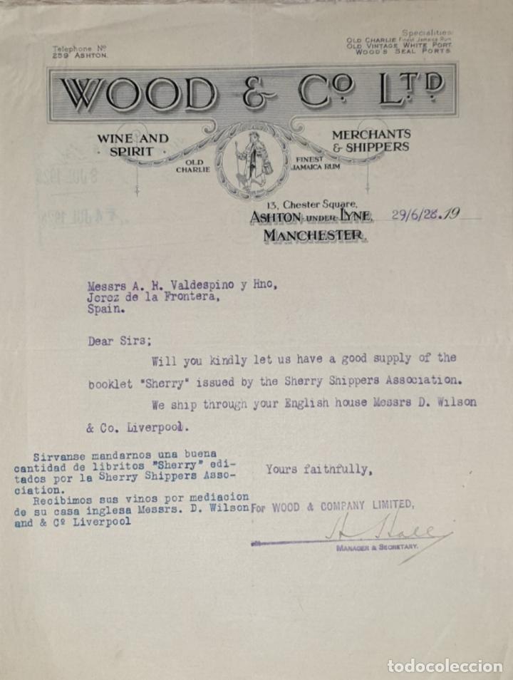 Cartas comerciales: Carta comercial. Wood & C&ordm; Ltd. Wine and Spirit. Merchants & Shippers. Manchester  1928