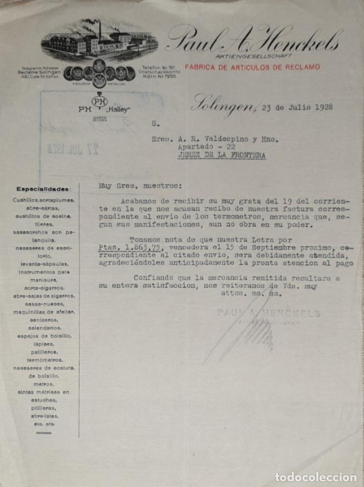 Cartas comerciales: Carta comercial. Paul A. Henckels. Fabbrica d&acute;articles de Reclame. solingen 1928