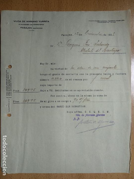 Cartas comerciales: Carta comercial. Vda. de Mariano Yurrita. Almacen de Ferreter&iacute;a. Pasajes Guip&uacute;zcoa 1925