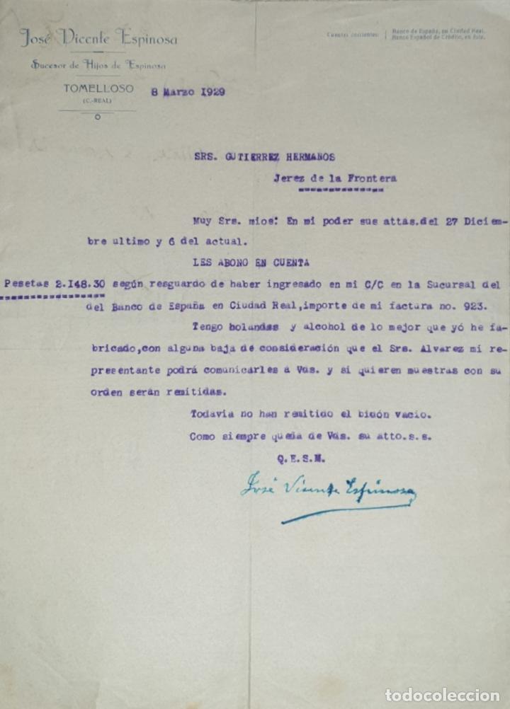 Cartas comerciales: Carta comercial. Jos&eacute; Vicente Espinosa. Sucesor de Hijos de Espinosa. Tomelloso 1929