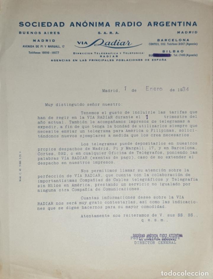 Cartas comerciales: Carta comercial. Sociedad An&oacute;nima Radio Argentina. Madrid 1934