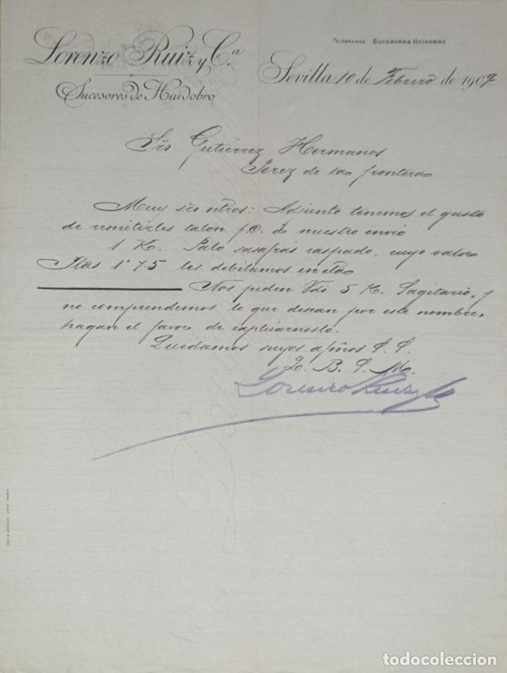 Cartas comerciales: Carta comercial. Lorenzo Ruiz y C&ordf;. Sucesores de Huivobro. Sevilla 1909
