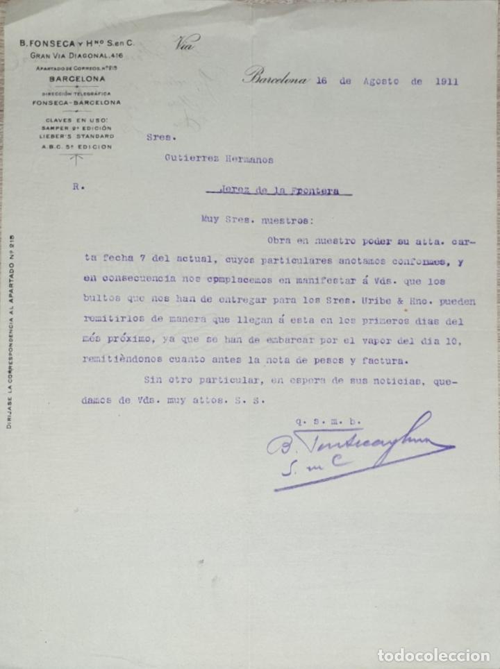 Cartas comerciales: Carta comercial. B. Fonseca y Hno S.en C. Barcelona 1911
