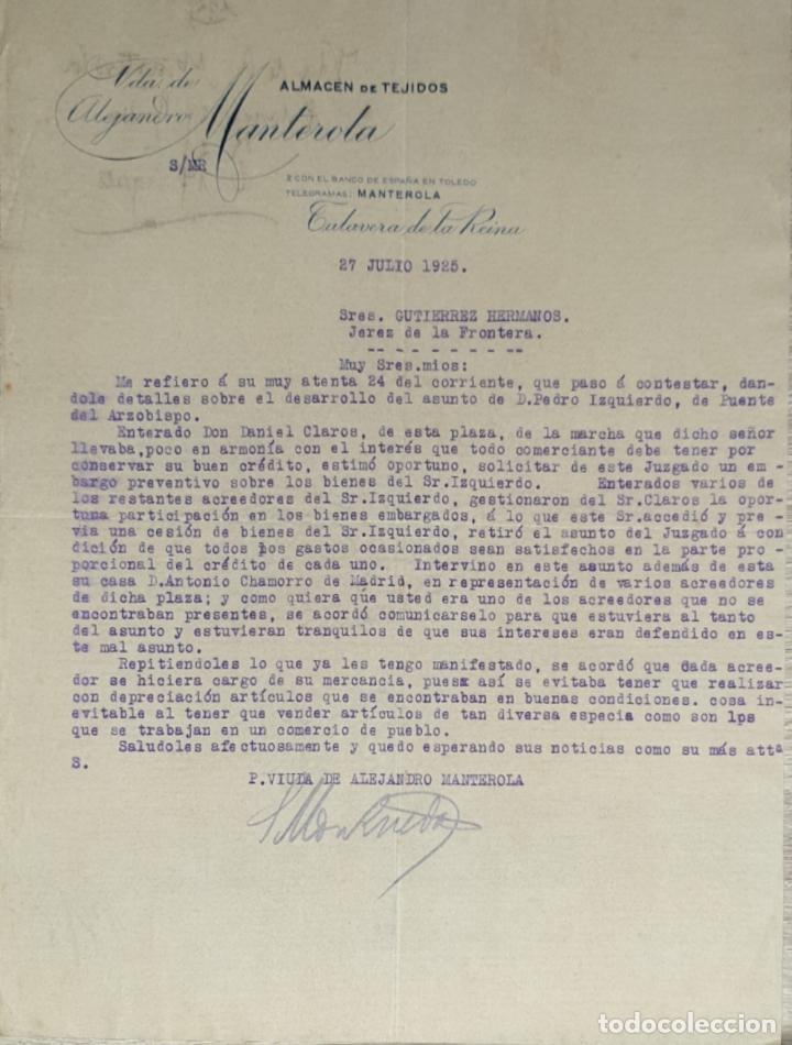 Cartas comerciales: Carta comercial. Vda. de Alejandro Manterola. Almac&eacute;n de tejidos. Talavera de la Reina 1925
