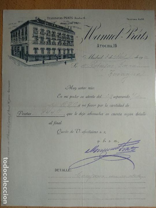 Lettres commerciales: ALMACEN DE TEJIDOS MANUEL PRATS - MADRID - A&Ntilde;O 1920