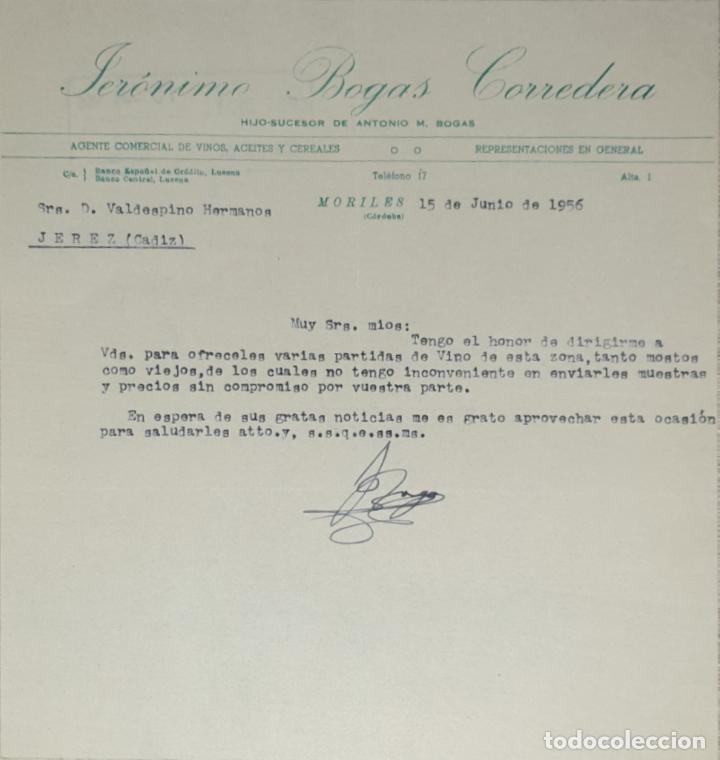 Lettres commerciales: Carta comercial.Jer&oacute;nimo Bogas Corredera Sucesor d Antonio Bogas.Agente comercial vinos Moriles1956