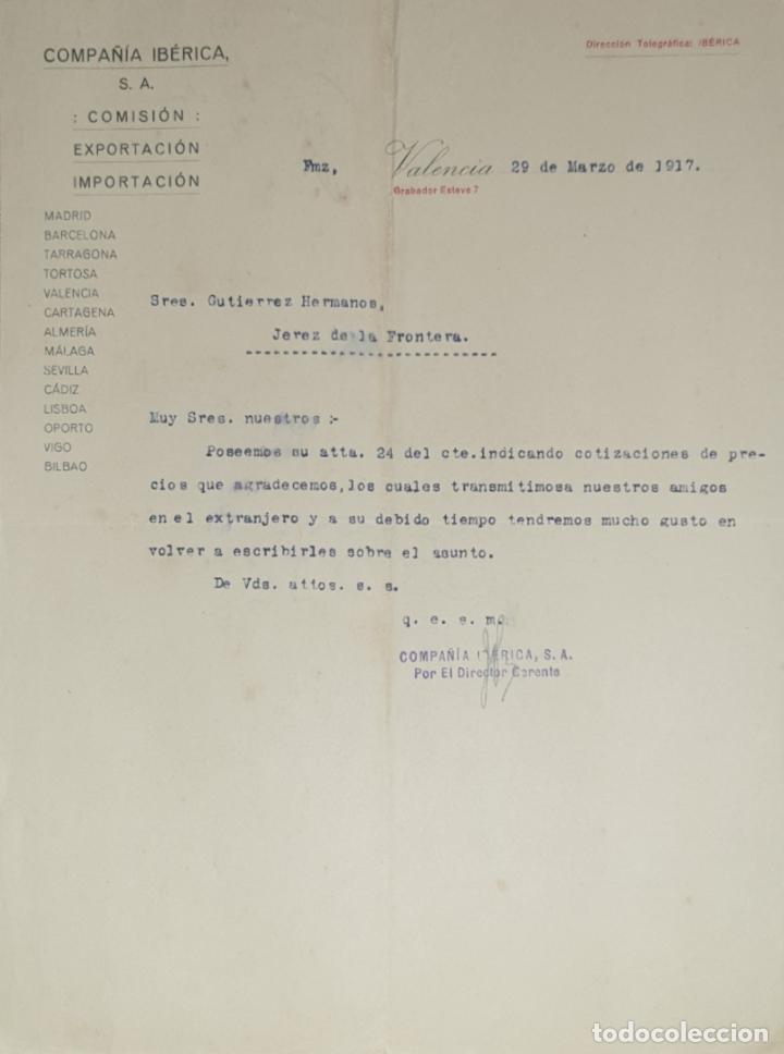 Lettres commerciales: Carta comercial. Compa&ntilde;&iacute;a Ib&eacute;rica S.A. Comision-Esportaci&oacute;n-Importaci&oacute;n. Valencia 1917