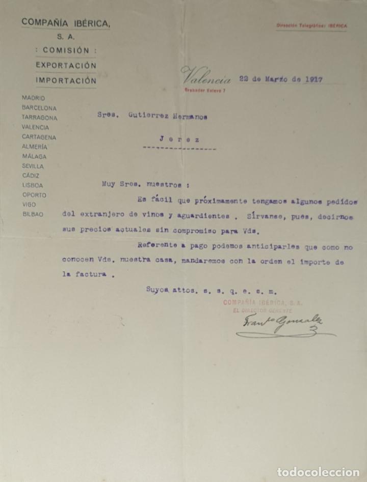 Lettres commerciales: Carta comercial. Compa&ntilde;&iacute;a Ib&eacute;rica S.A. Comision-Esportaci&oacute;n-Importaci&oacute;n. Valencia 1917