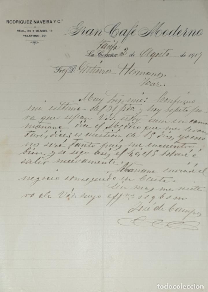 Lettres commerciales: Carta comercial. Rodriguez Naveira y C&ordm;. Gran caf&eacute; moderno. Tarifa 1917