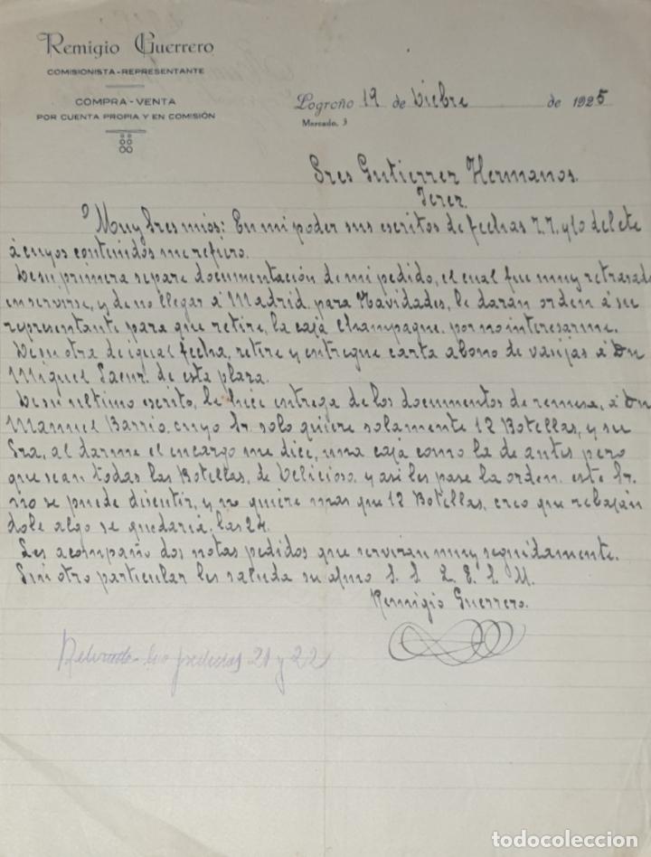 Lettres commerciales: Carta comercial. Remigio Guerrero. Comisionista-Representante. Logro&ntilde;o 1925