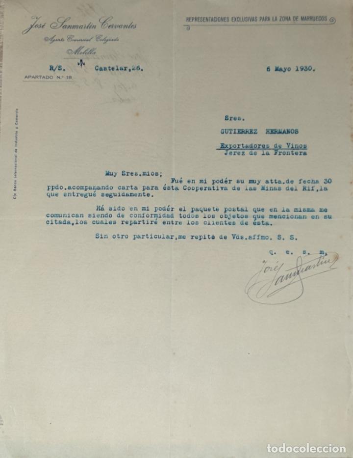 Lettres commerciales: Carta comercial. Jos&eacute; Sanmart&iacute;n Cervantes. Agente Comercial colegiado. Melilla 1930