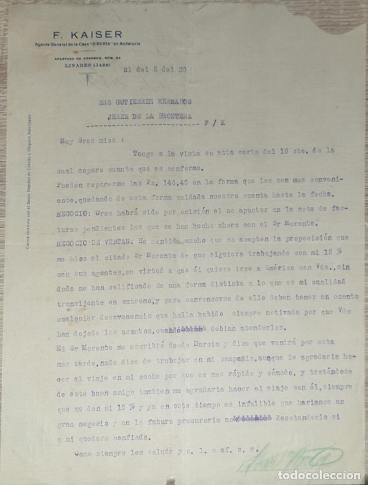 Lettres commerciales: Carta comercial. F. Kaiser. Agente comercial de la casa Siberia en Andaluc&iacute;a. Jaen 1930