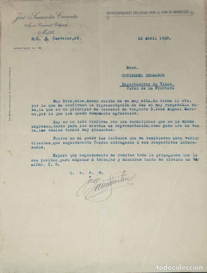 Lettres commerciales: Carta comercial. Jos&eacute; Sanmart&iacute;n Cervantes. Agente Comercial colegiado. Melilla 1930