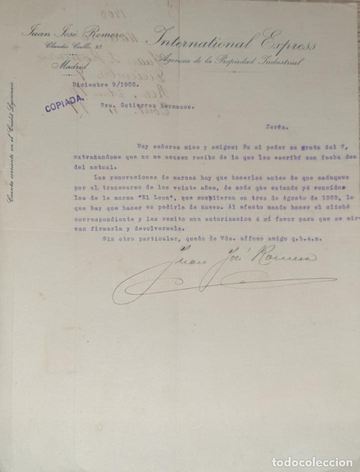 Lettres commerciales: carta comercial.Juan Jos&eacute; Romero.International Express.Agencia de propiedad Industrial. Madrid 1903